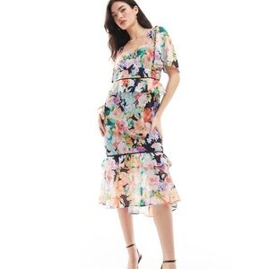 Hope & Ivy cape sleeve ruffle midi dress in multi floral